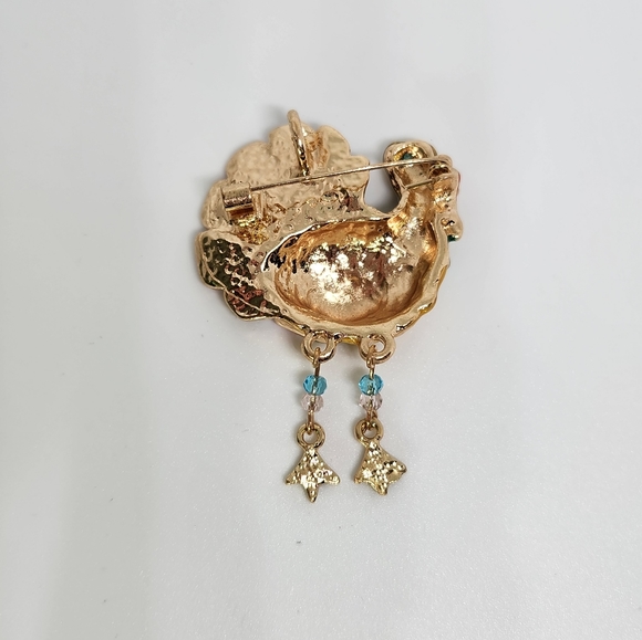 Turkey Brooch Pin Pendant Enamel Thanksgiving Fall Gold Tone Beaded Legs New - Picture 5 of 6